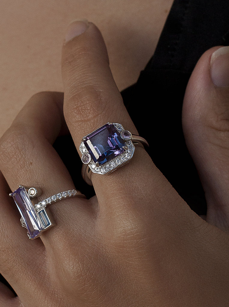 Anillos de plata con piedras tono hematite y rosa