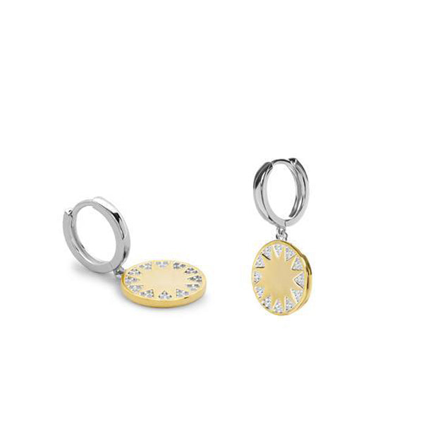 Pendientes bicolor aro con colgante diseño solar con circonita