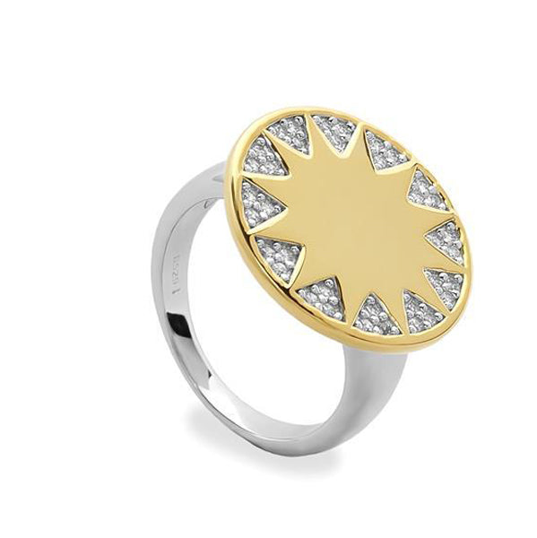 Anillo bicolor aro con colgante diseño solar con circonita