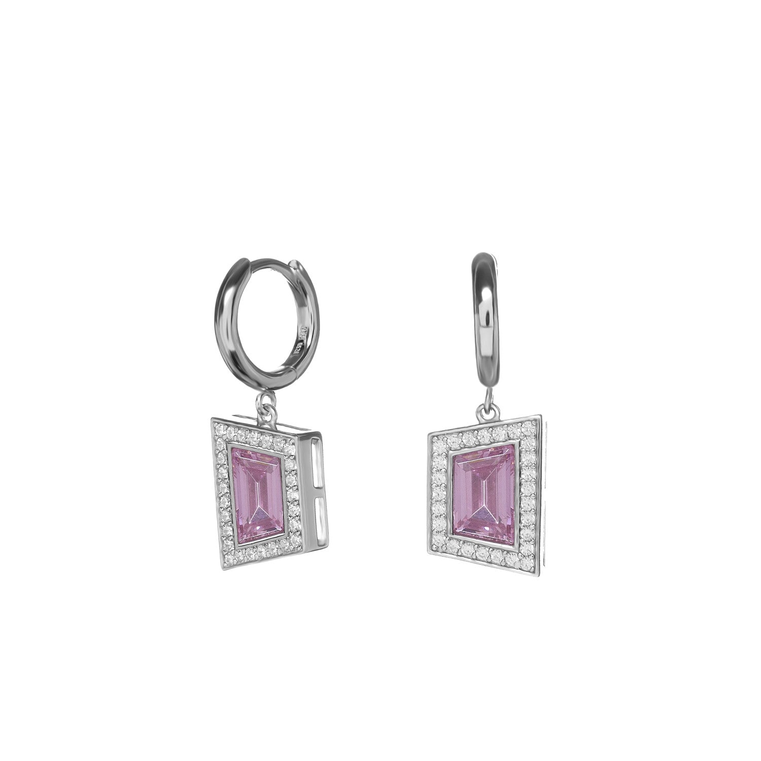 Pendientes de plata con circonita rosa y halo de circonitas