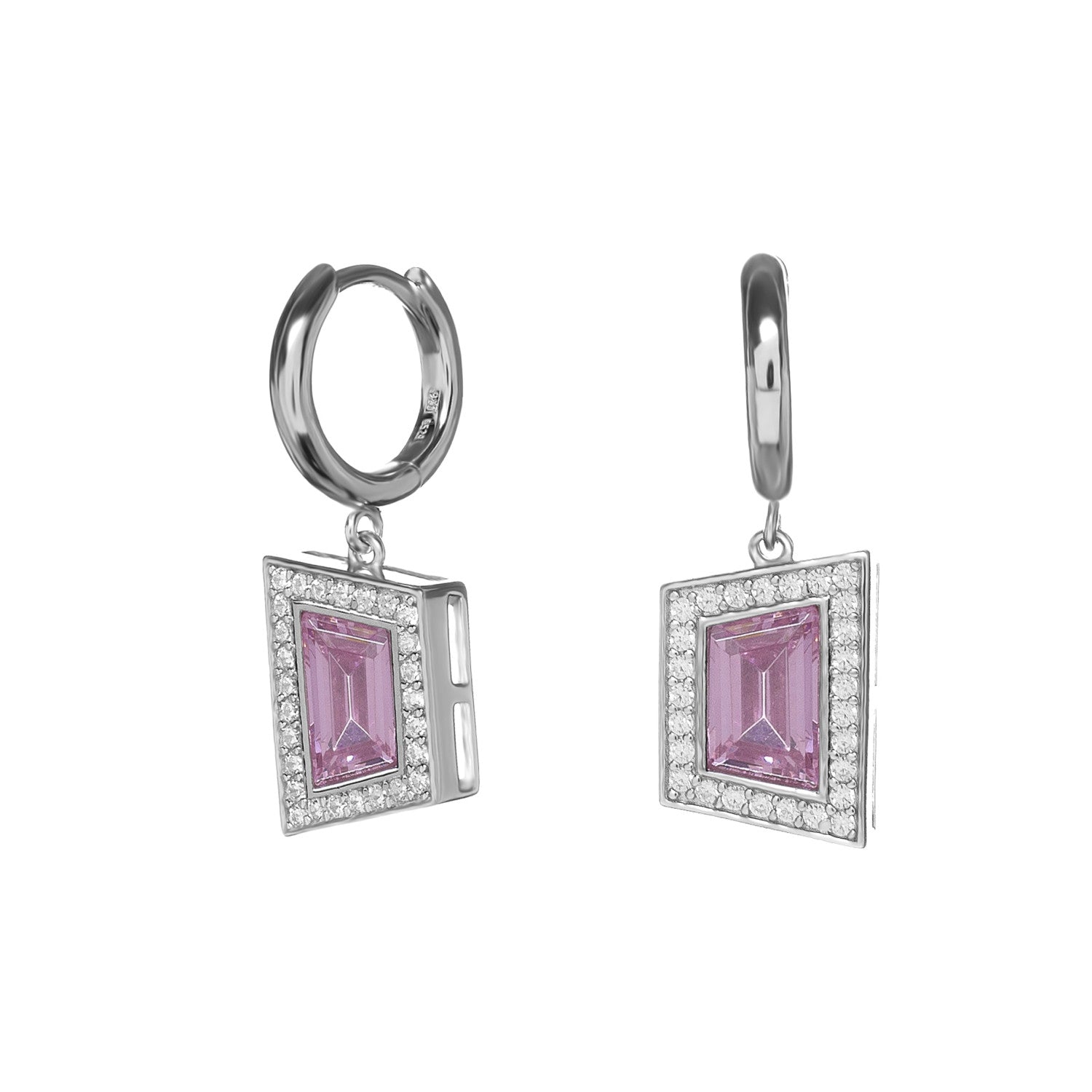 Pendientes de plata con circonita rosa y halo de circonitas