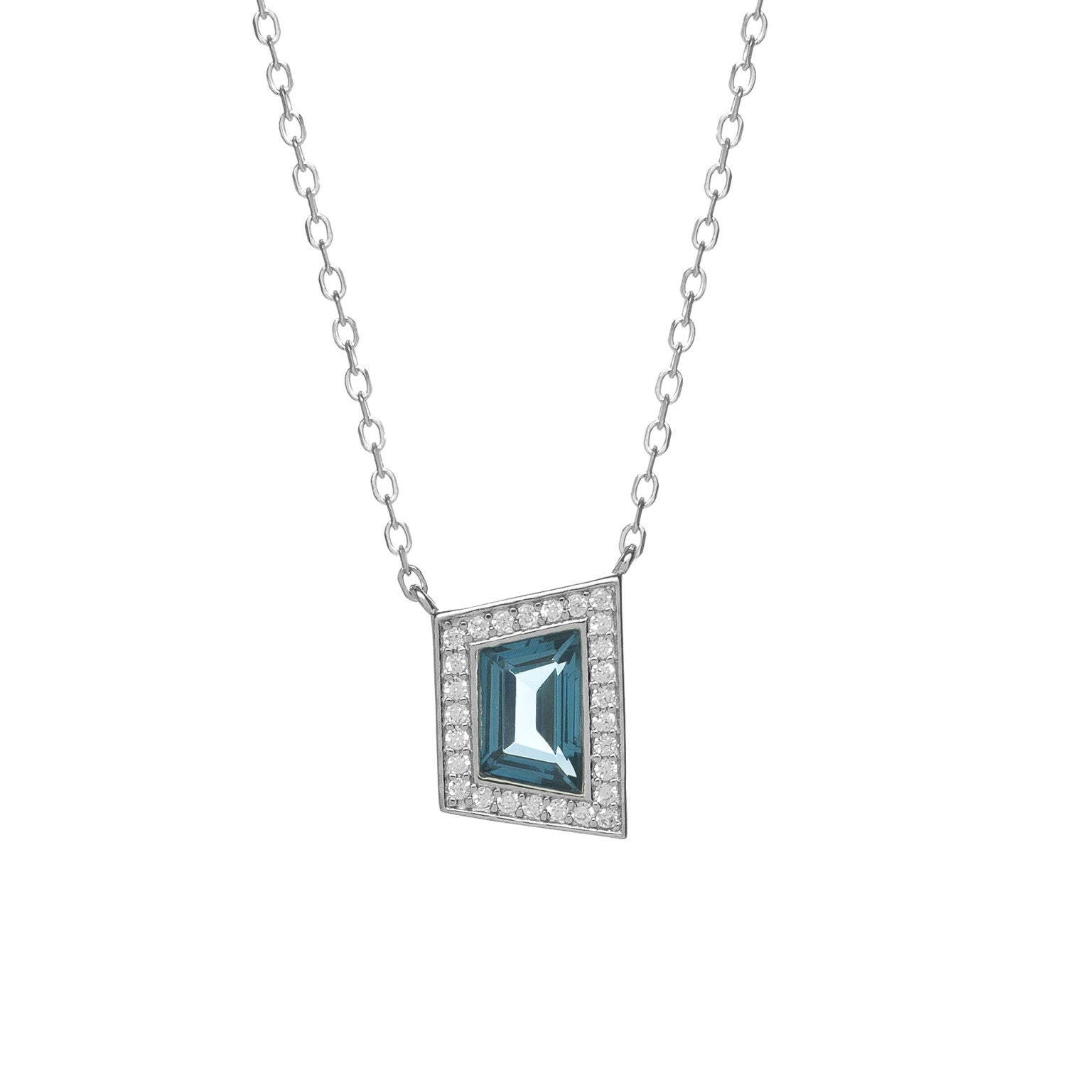 Silver necklace with blue cubic zirconia pendant and cubic zirconia stones