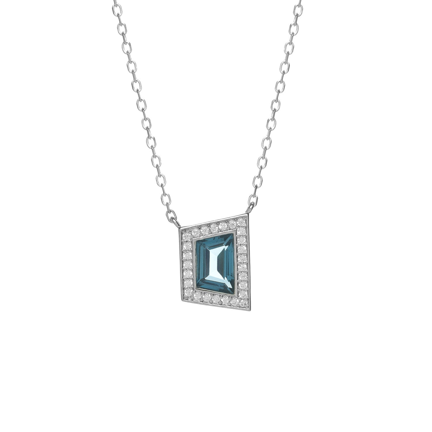 Silver necklace with blue cubic zirconia pendant and cubic zirconia stones