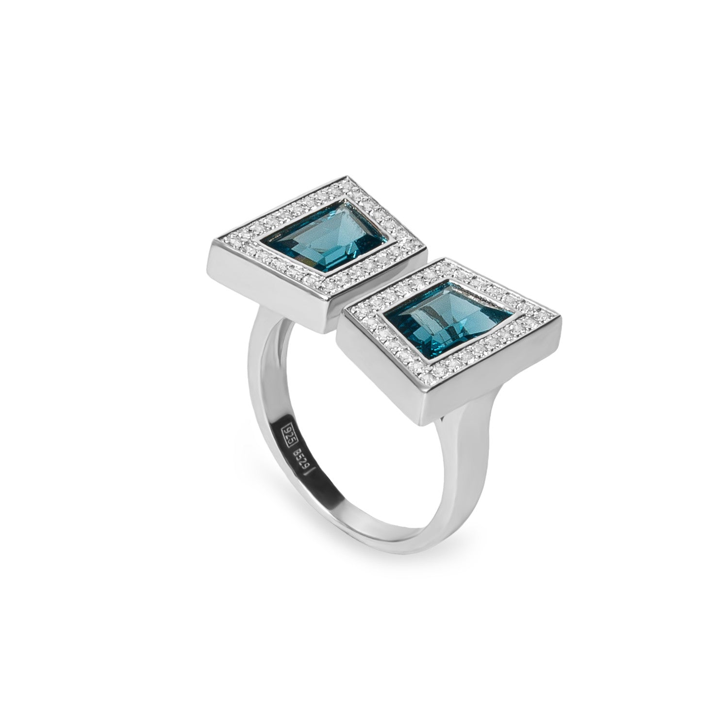 Double silver ring with blue cubic zirconia and a halo of cubic zirconia