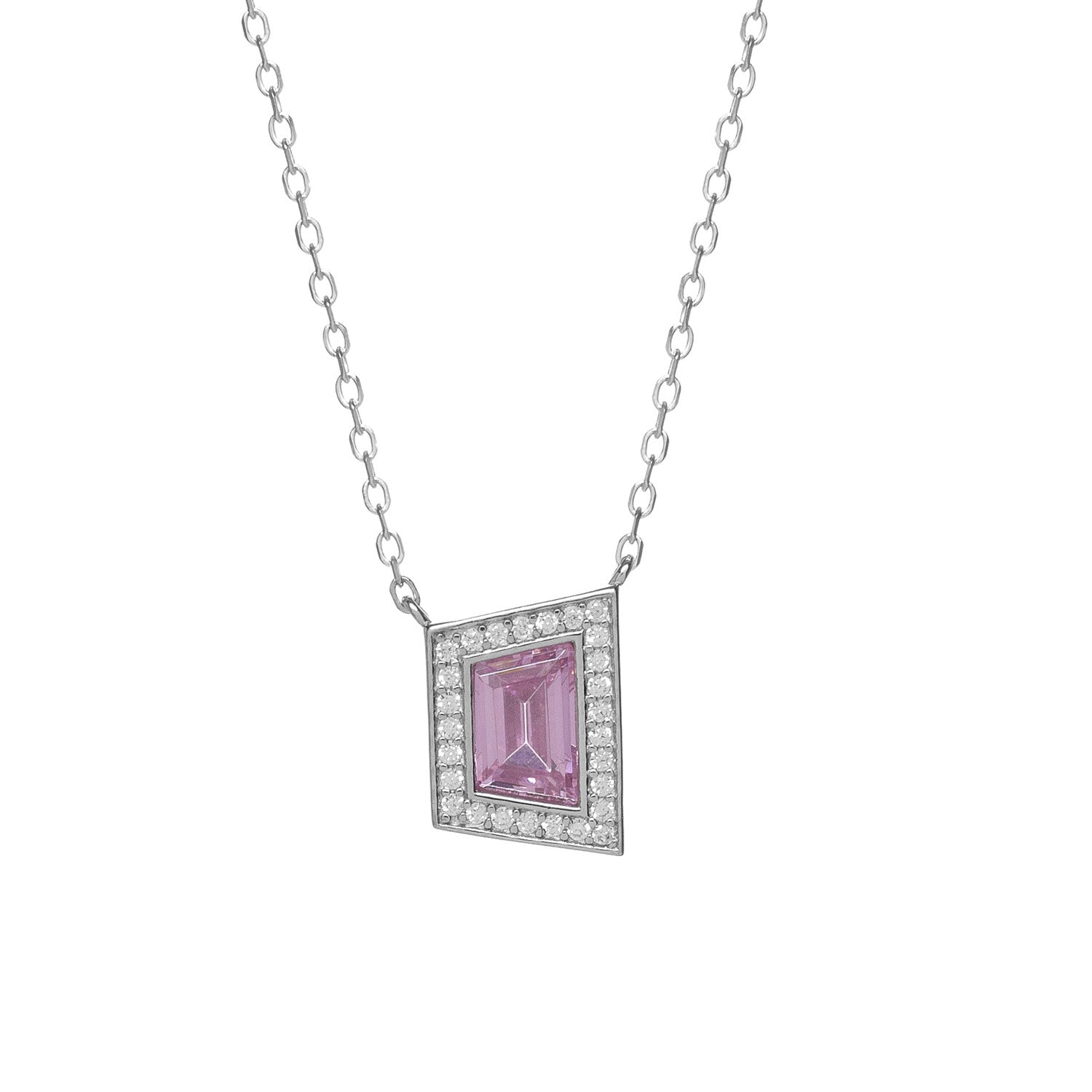 Silver necklace with pink cubic zirconia pendant and cubic zirconia stones