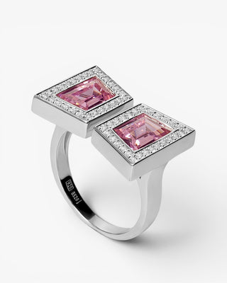 Anillo doble de plata con circonitas rosas y halo de circonitas