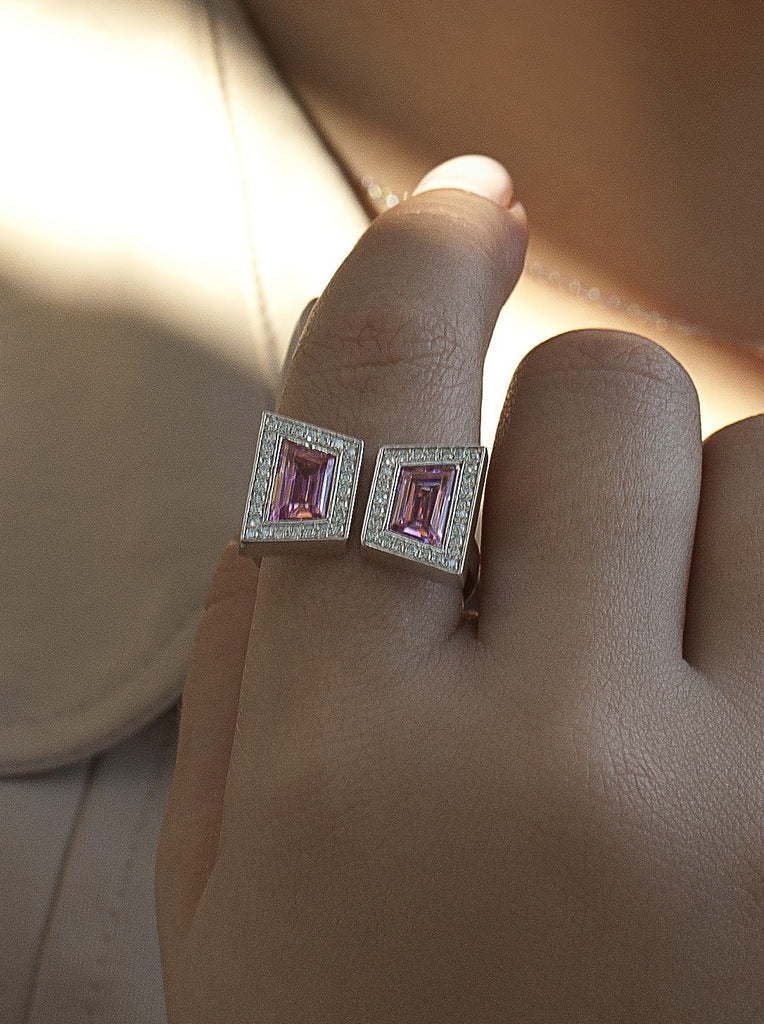 Double silver ring with pink cubic zirconia and a halo of cubic zirconia