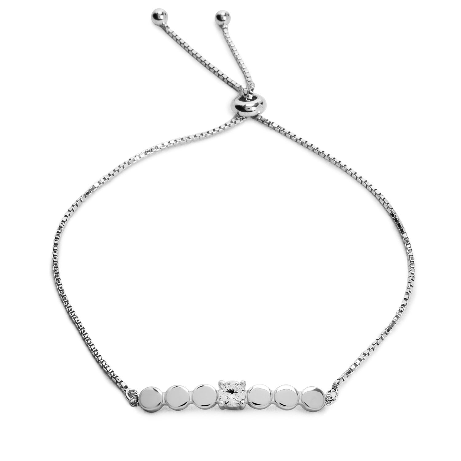 Pulsera fina de plata con piezas circulares y circonita central