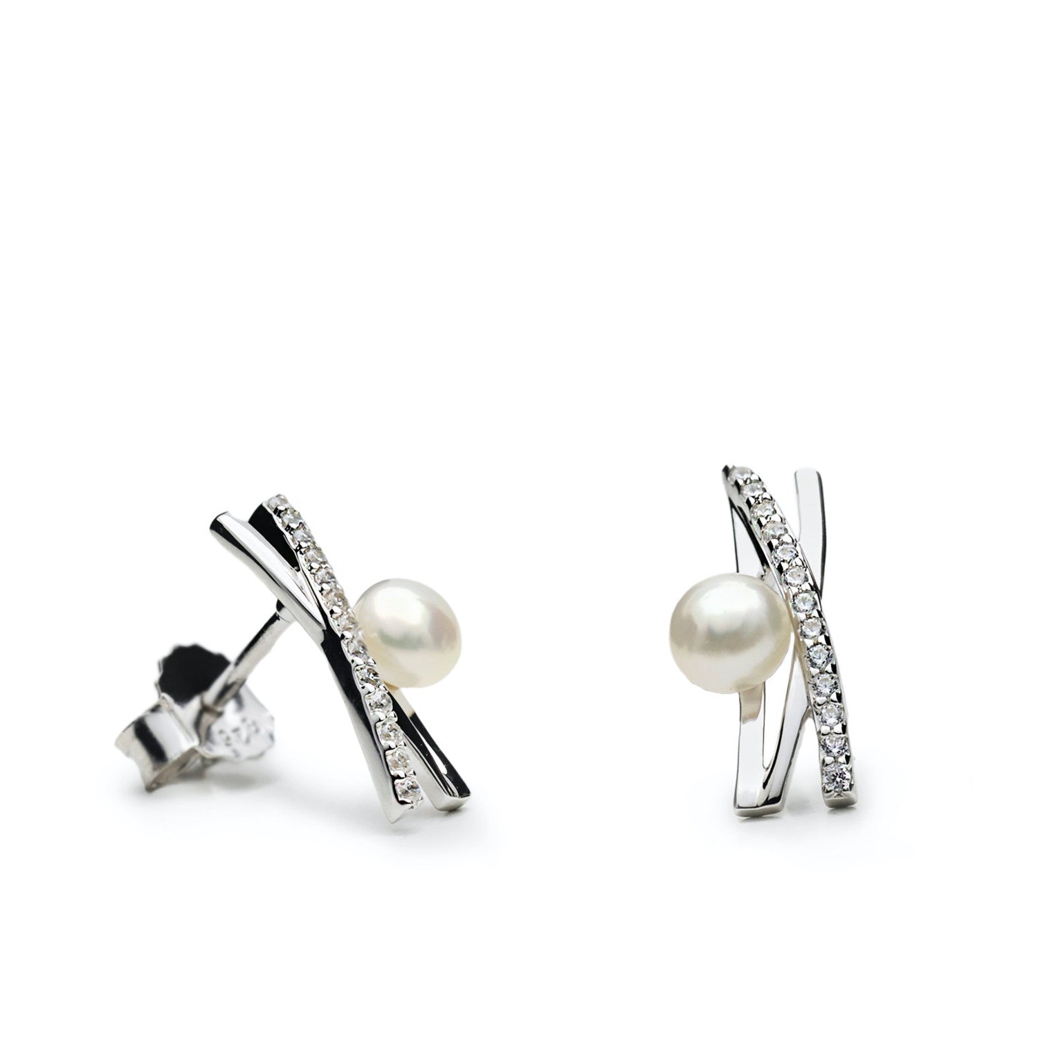 Boucles d'oreillesargent croisé avec zircon et perle