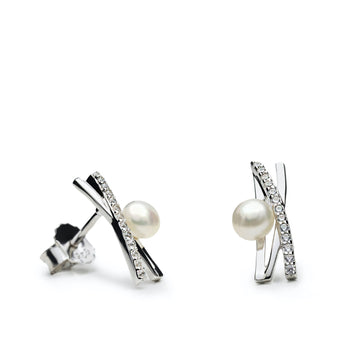 Pendientes de plata cruzado con circonita y perla