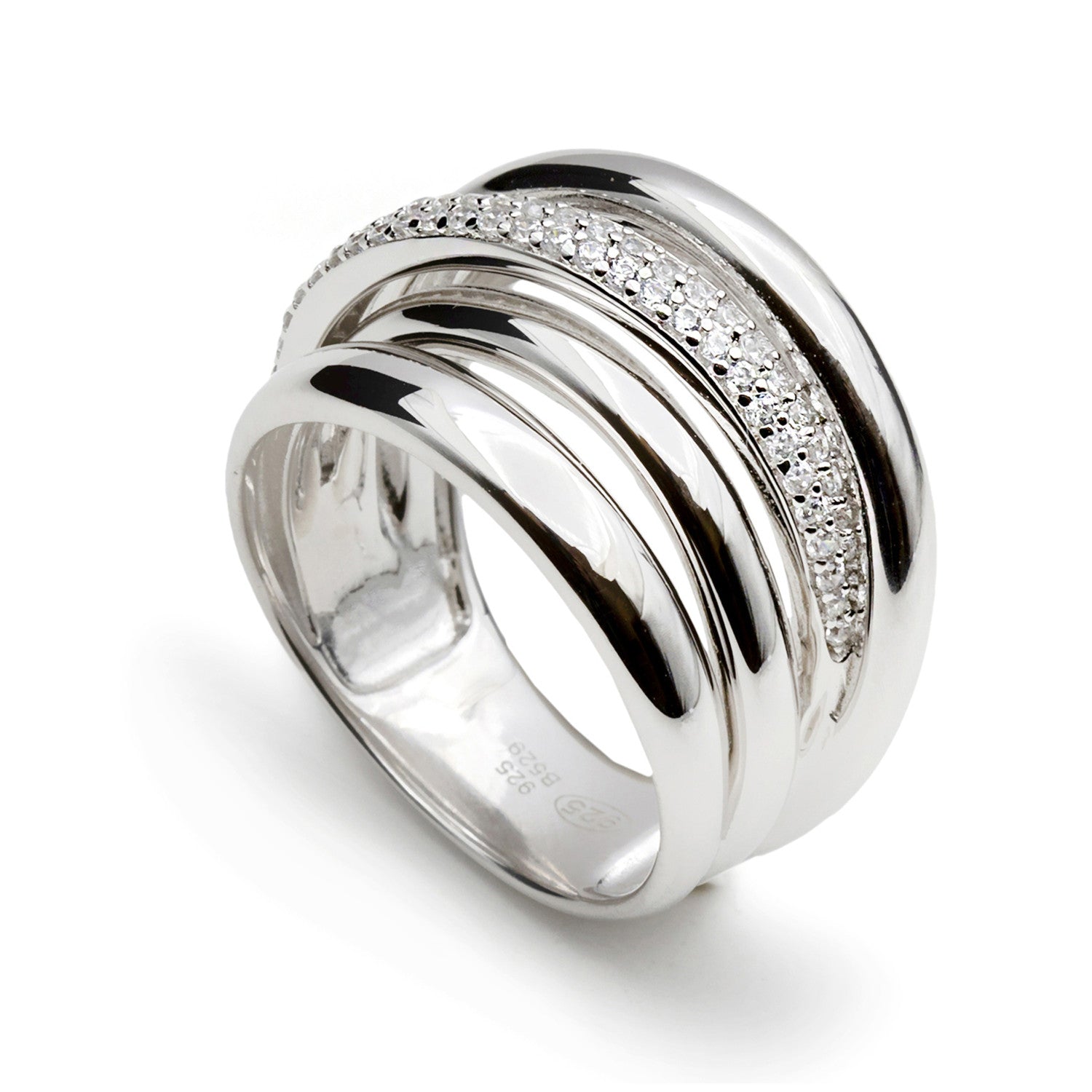 Anillo ancho de plata con rail de circonita superpuesta