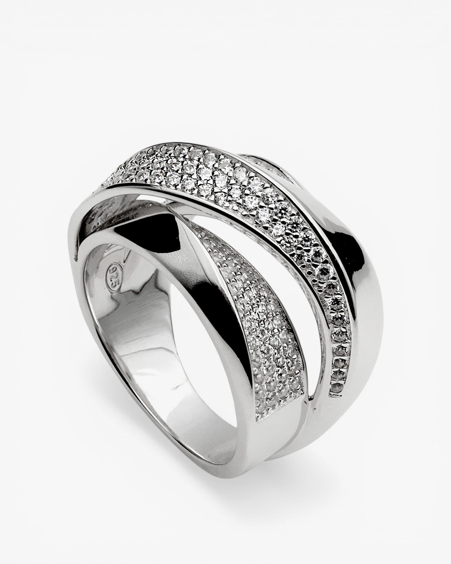 Anillo ancho de plata con circonita con volumen