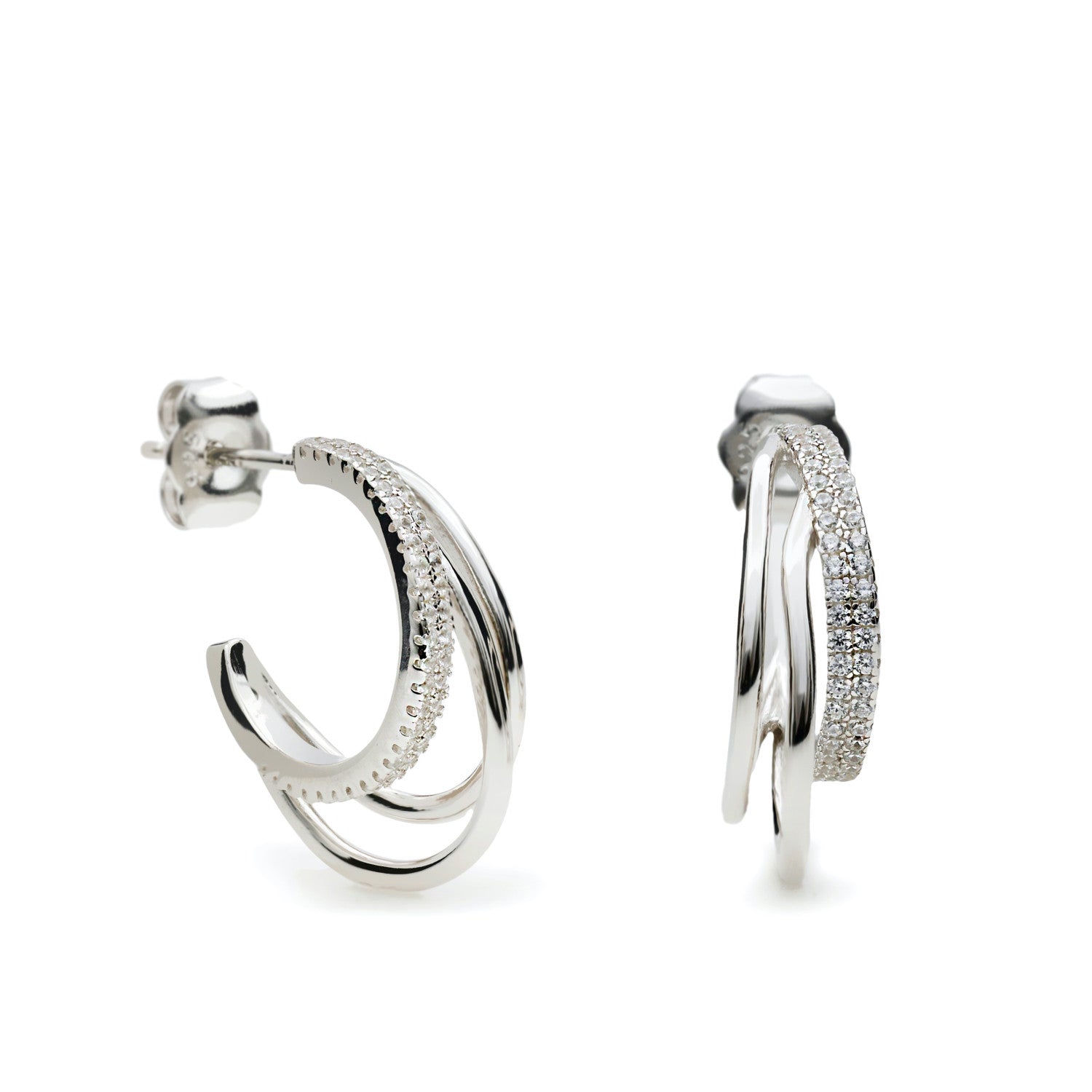 Pendientes aro de plata con tres argollas y circonitas