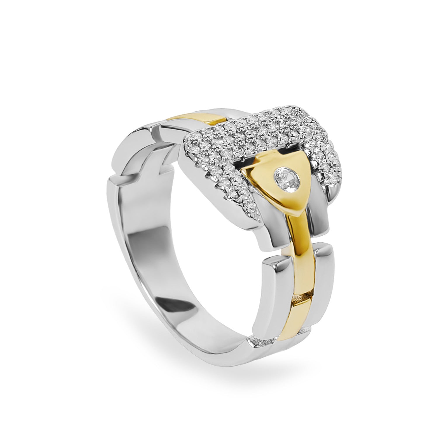 Anillo bicolor con circonitas y diseño tipo hebilla