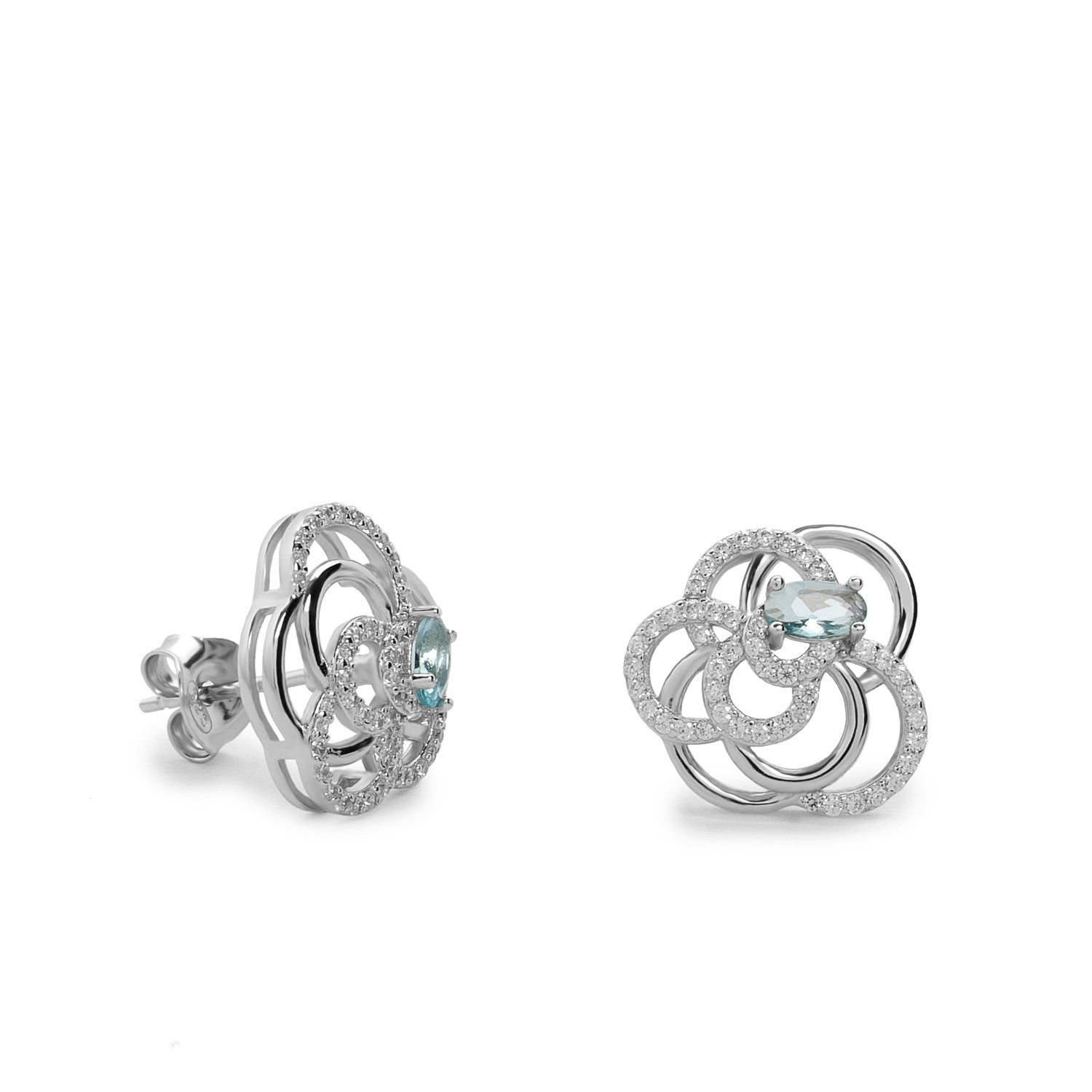 Silver earrings intertwined with aqua-toned cubic zirconia