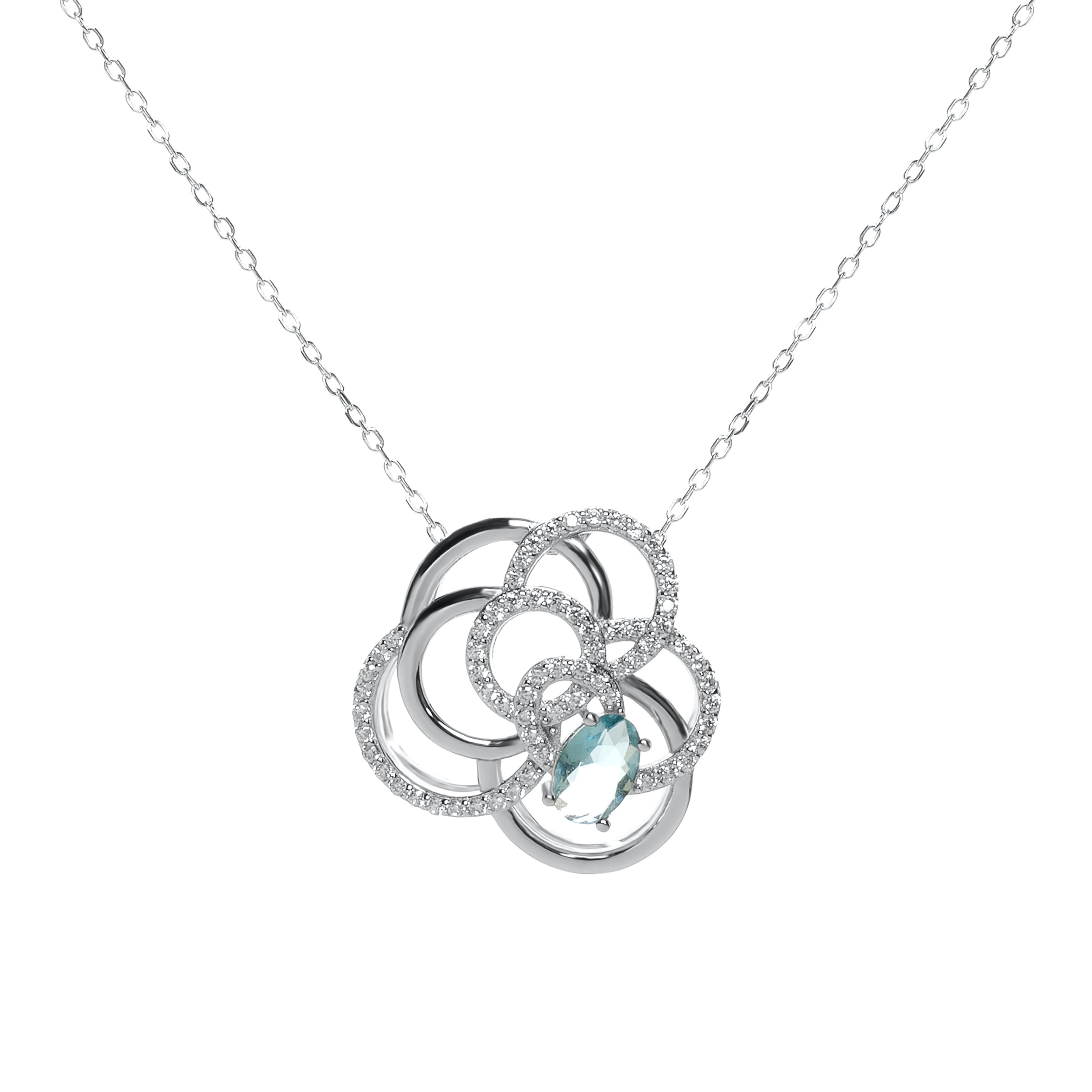 Silver necklace with tangled aqua-toned cubic zirconia