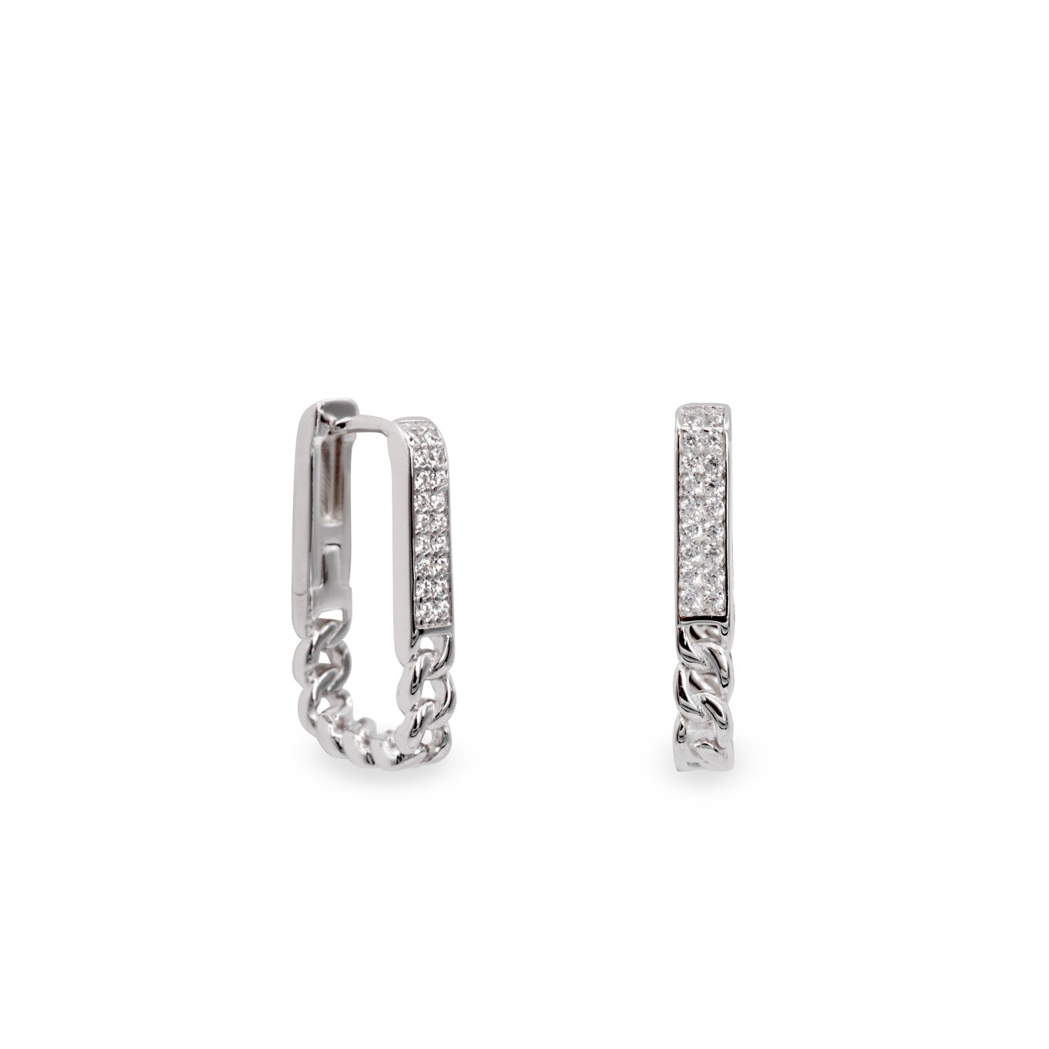 Rectangular silver hoop earrings with cubic zirconia and chain design