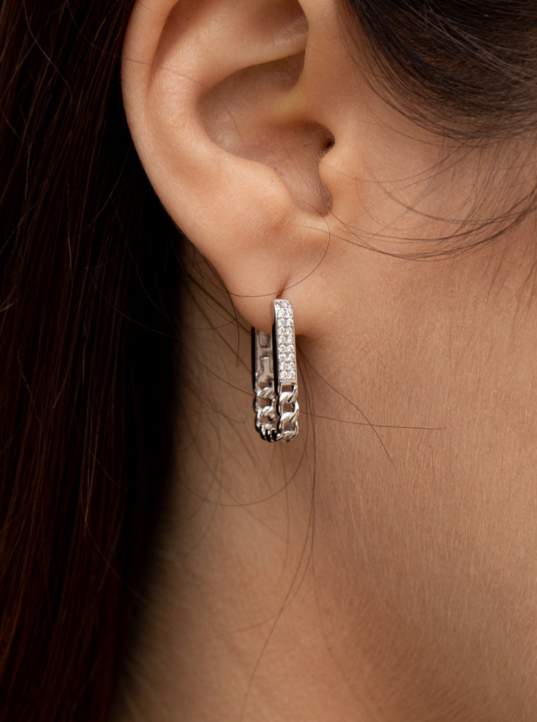 Rectangular silver hoop earrings with cubic zirconia and chain design