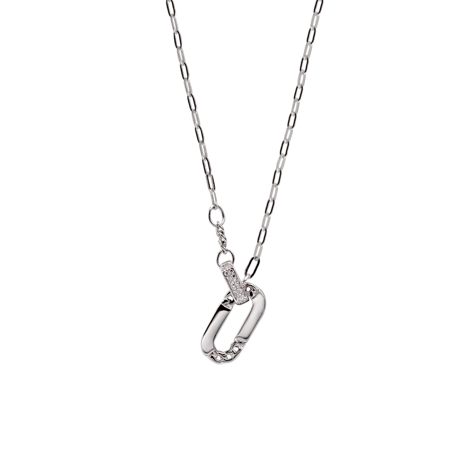 Silver necklace with link piece, cubic zirconia, and chain