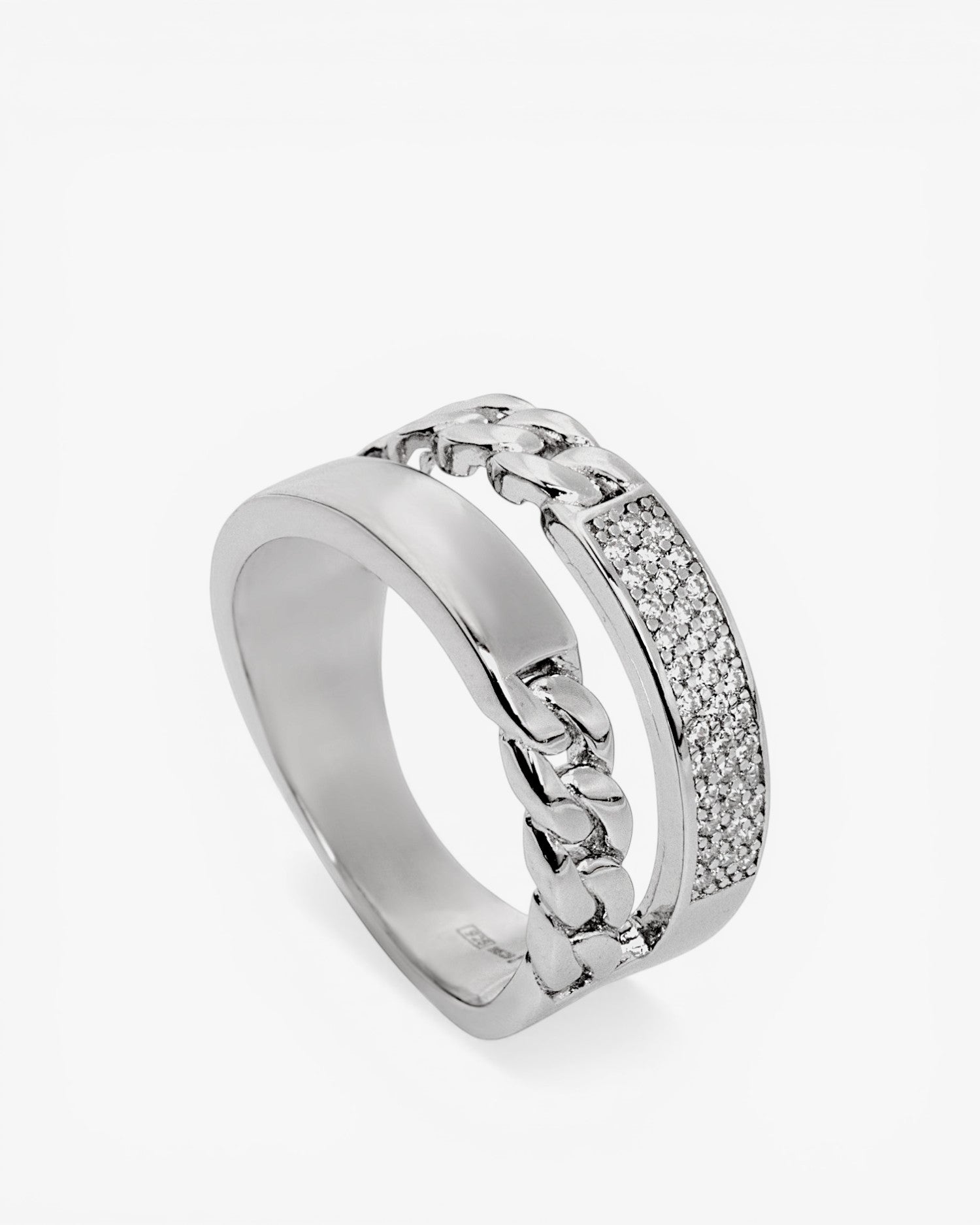 Anillo de plata ancho con circonitas y cadena