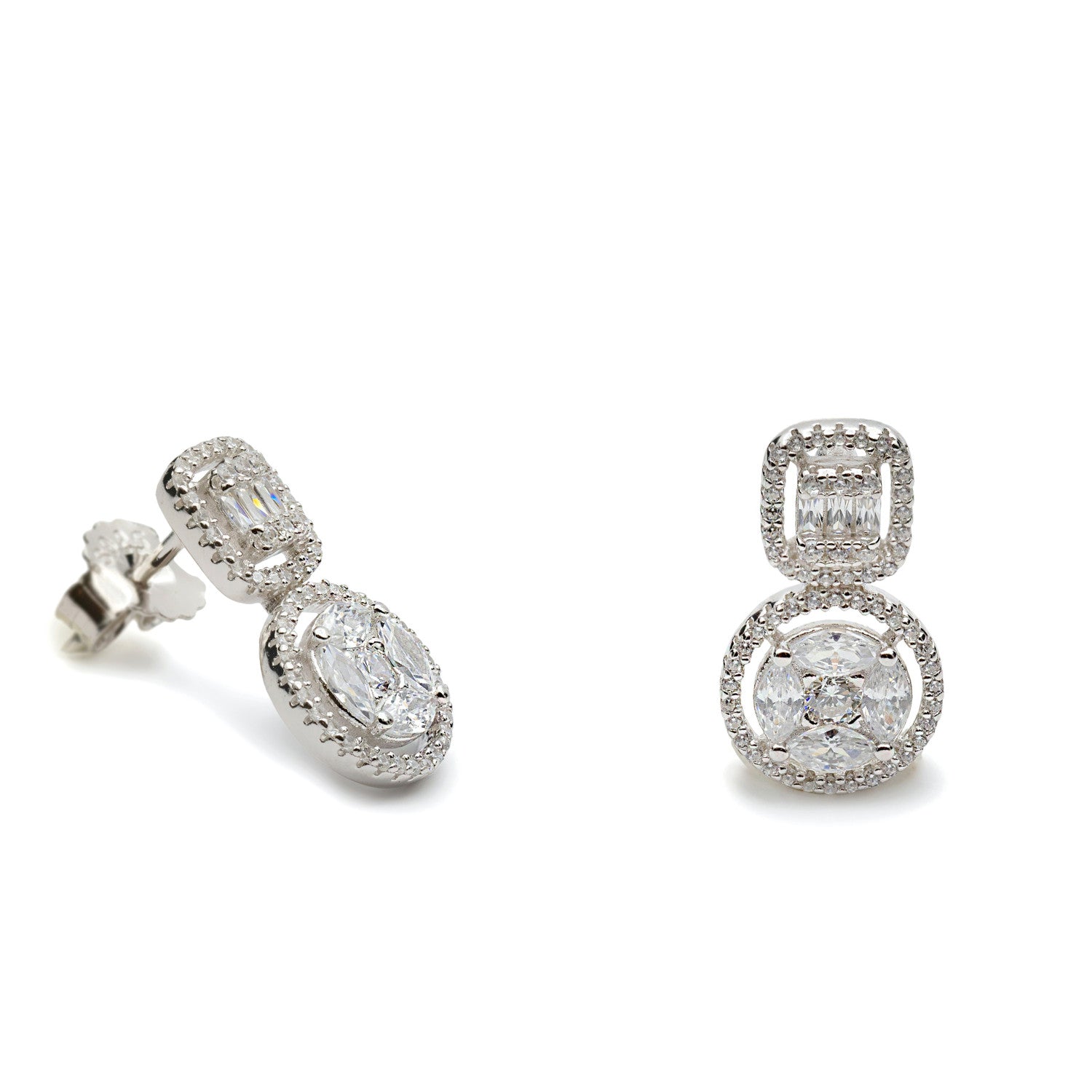 Boucles d'oreilles double de argent avec zircons de forme rectangulaire et circulaire