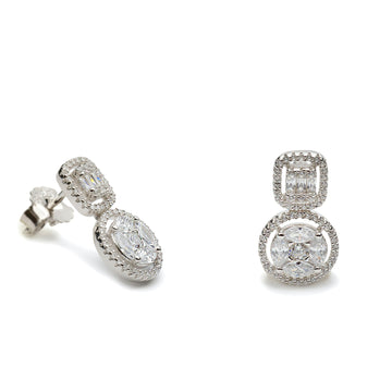 Pendientes doble de plata con circonitas en forma rectangular y circular