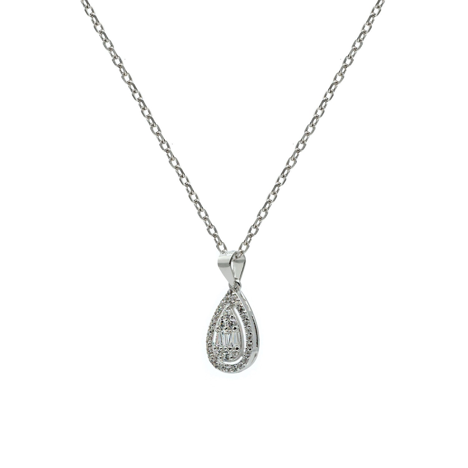 collier petit de argent double avec zircon en forme de goutte