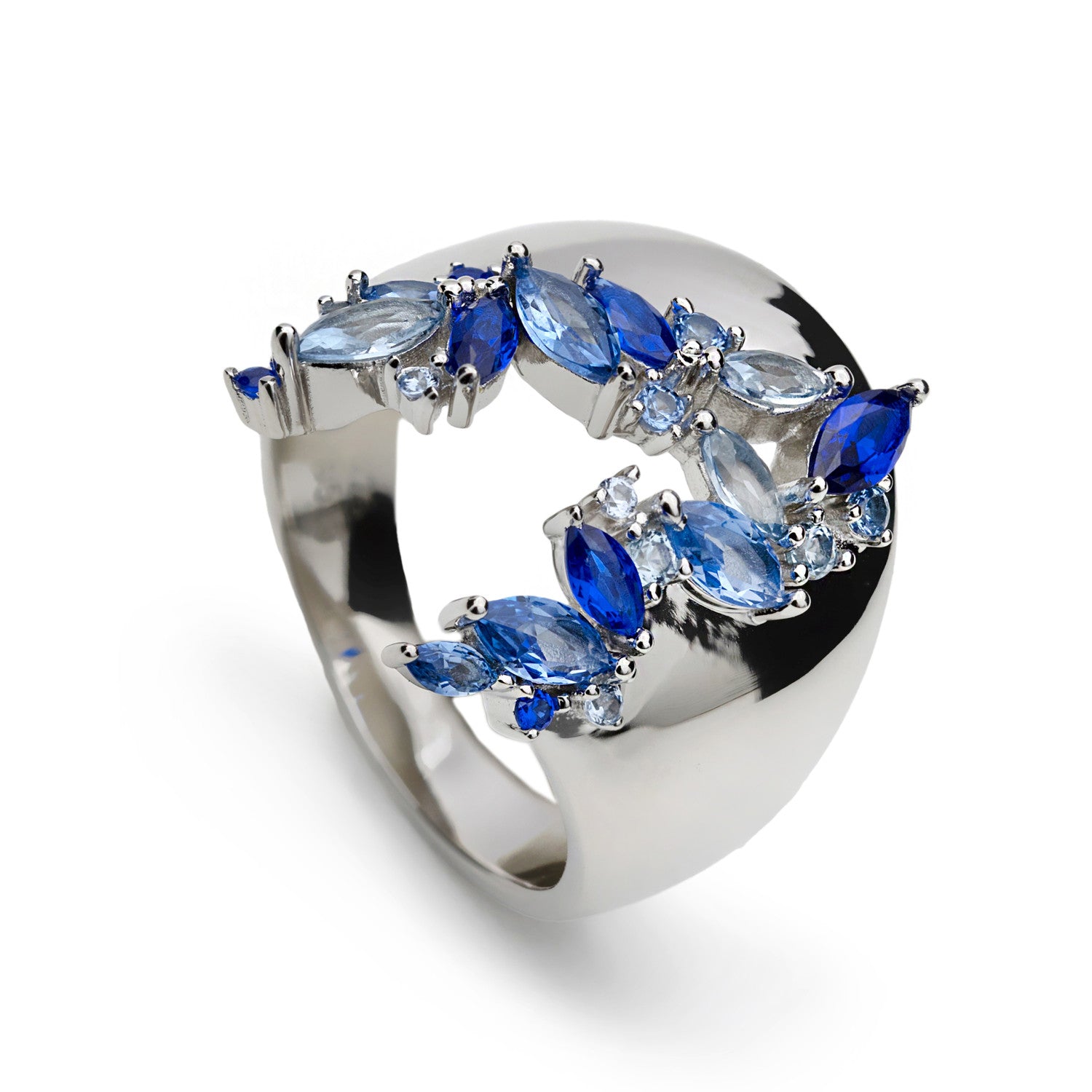 Anillo gemas de colores en tonos azul inspiración floral