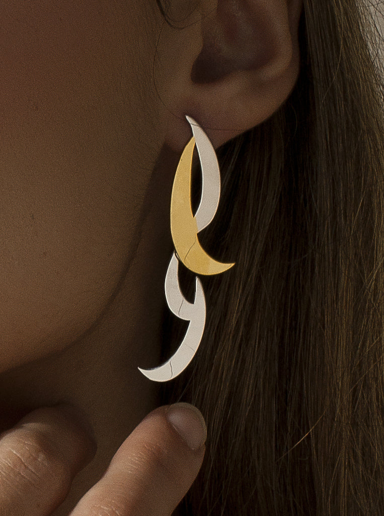 Pendientes de plata luna creciente bicolor