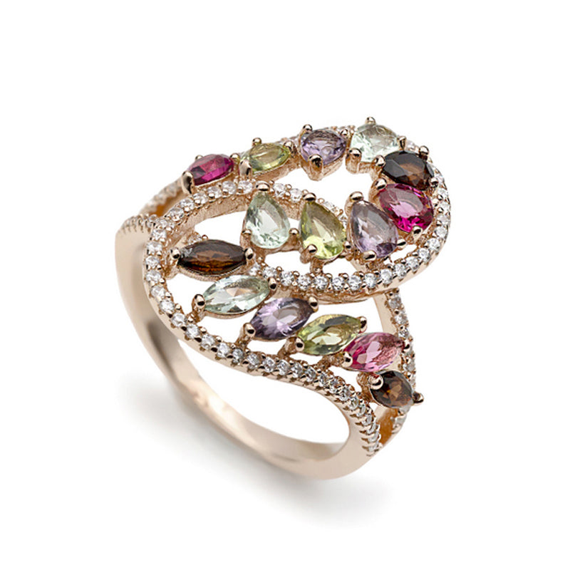Bague en argent plaqué or rose ornée de pierres multicolores