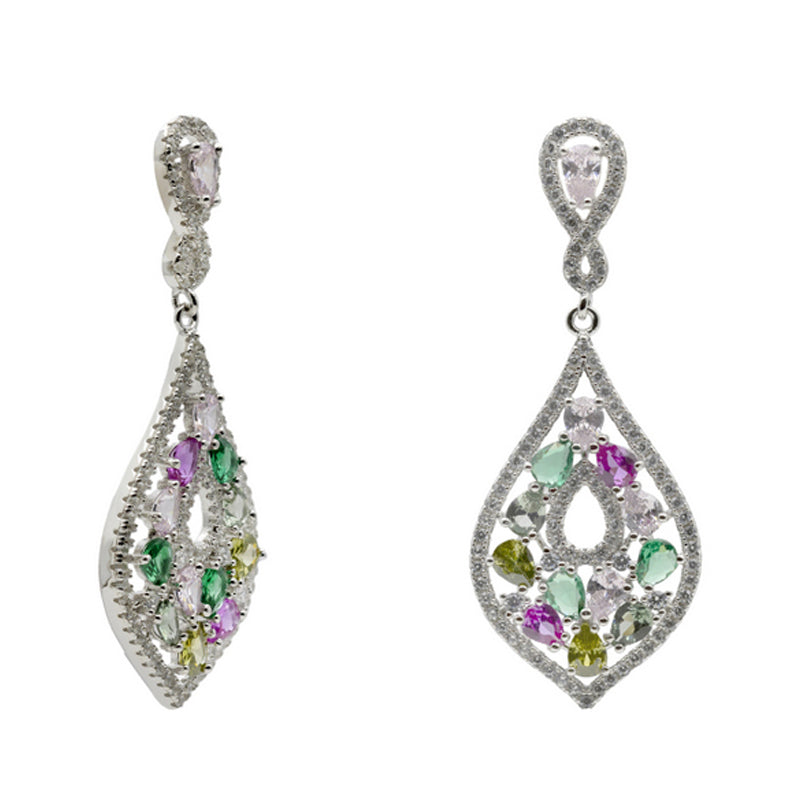 Long earrings with multicolored stones in warm tones and cubic zirconia