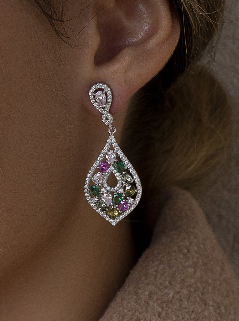 Long earrings with multicolored stones in warm tones and cubic zirconia