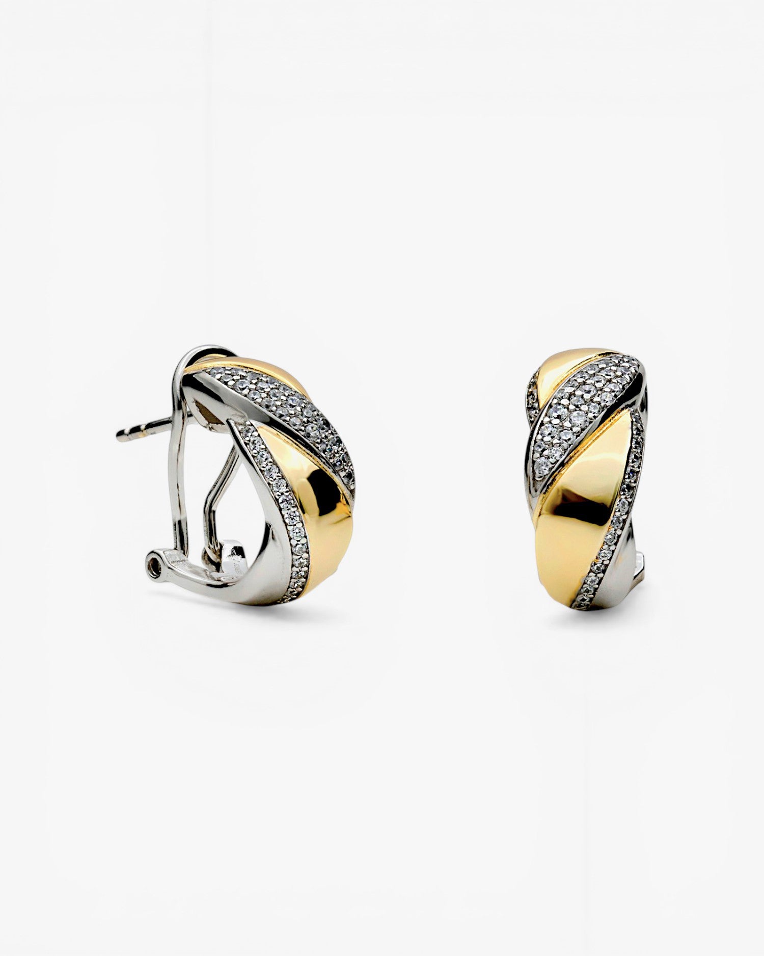 Two-tone braided silver and gold earrings with cubic zirconia
