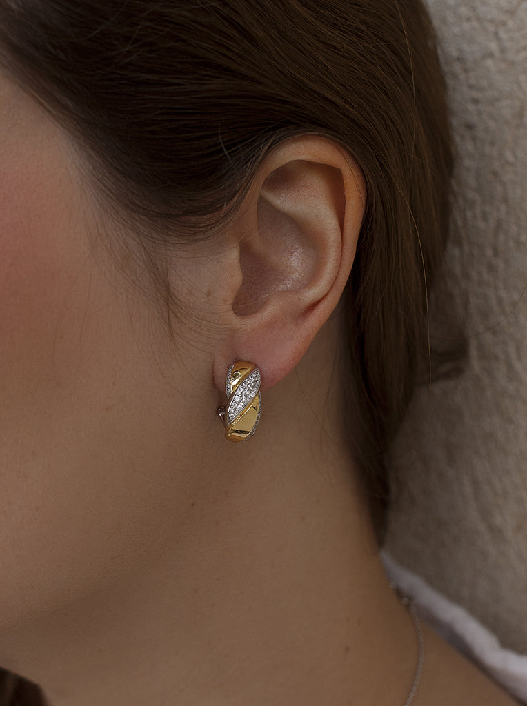 Two-tone braided silver and gold earrings with cubic zirconia