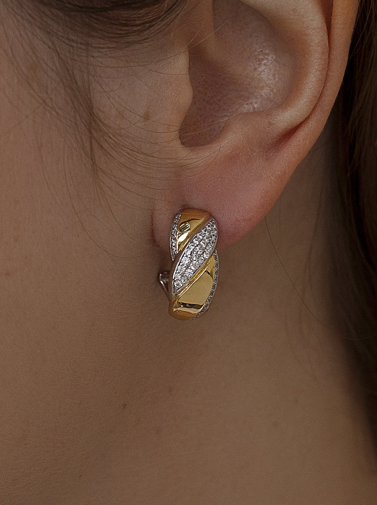 Two-tone braided silver and gold earrings with cubic zirconia