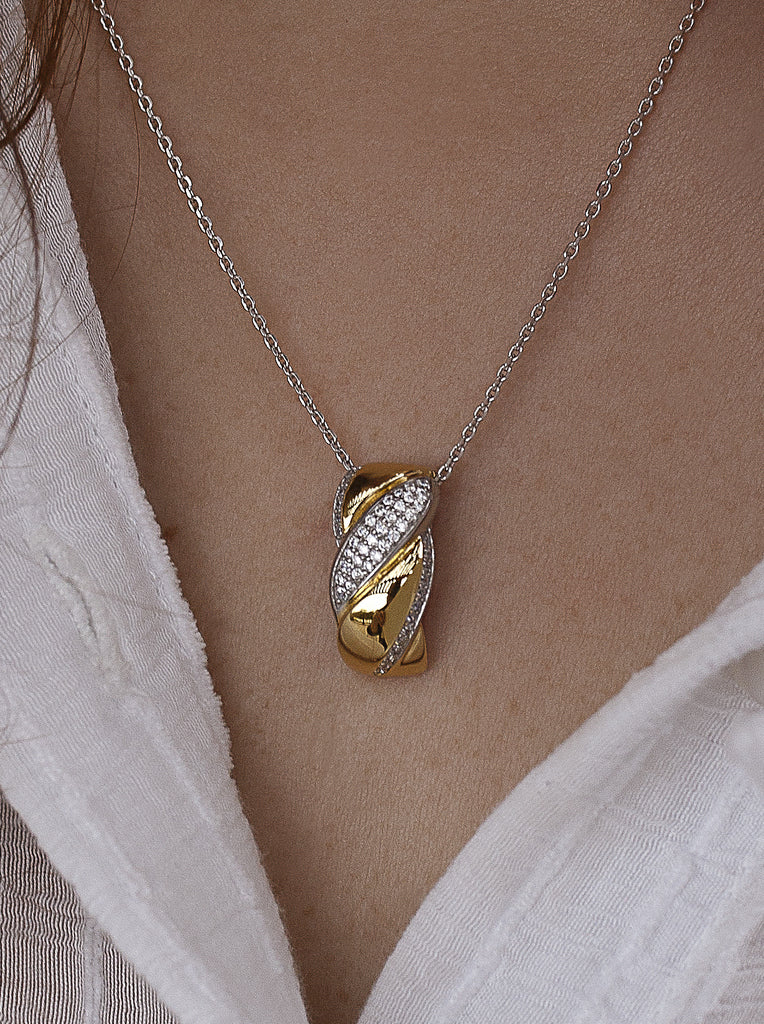 Two-tone braided silver and gold necklace with cubic zirconia