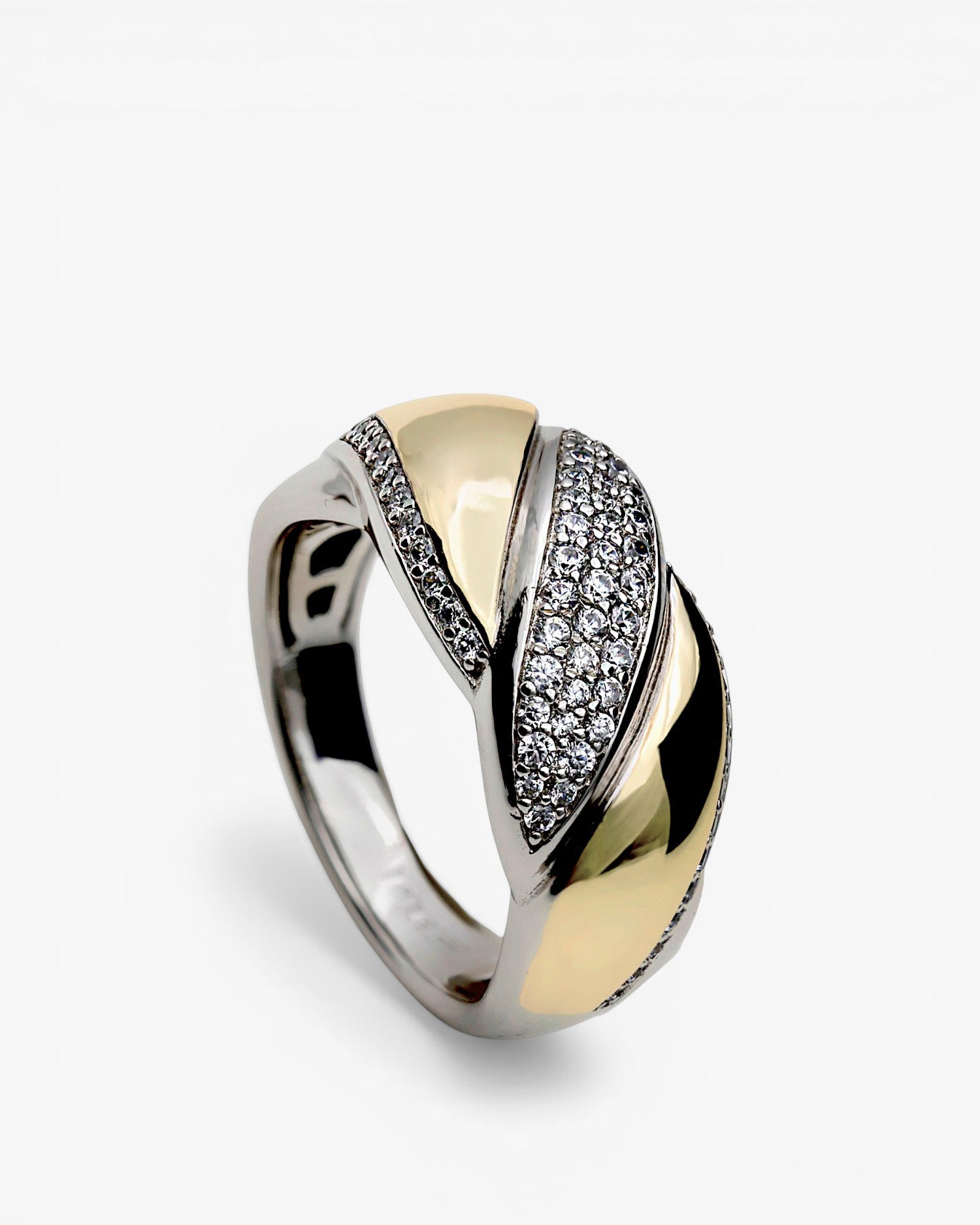 Two-tone braided silver and gold ring with cubic zirconia