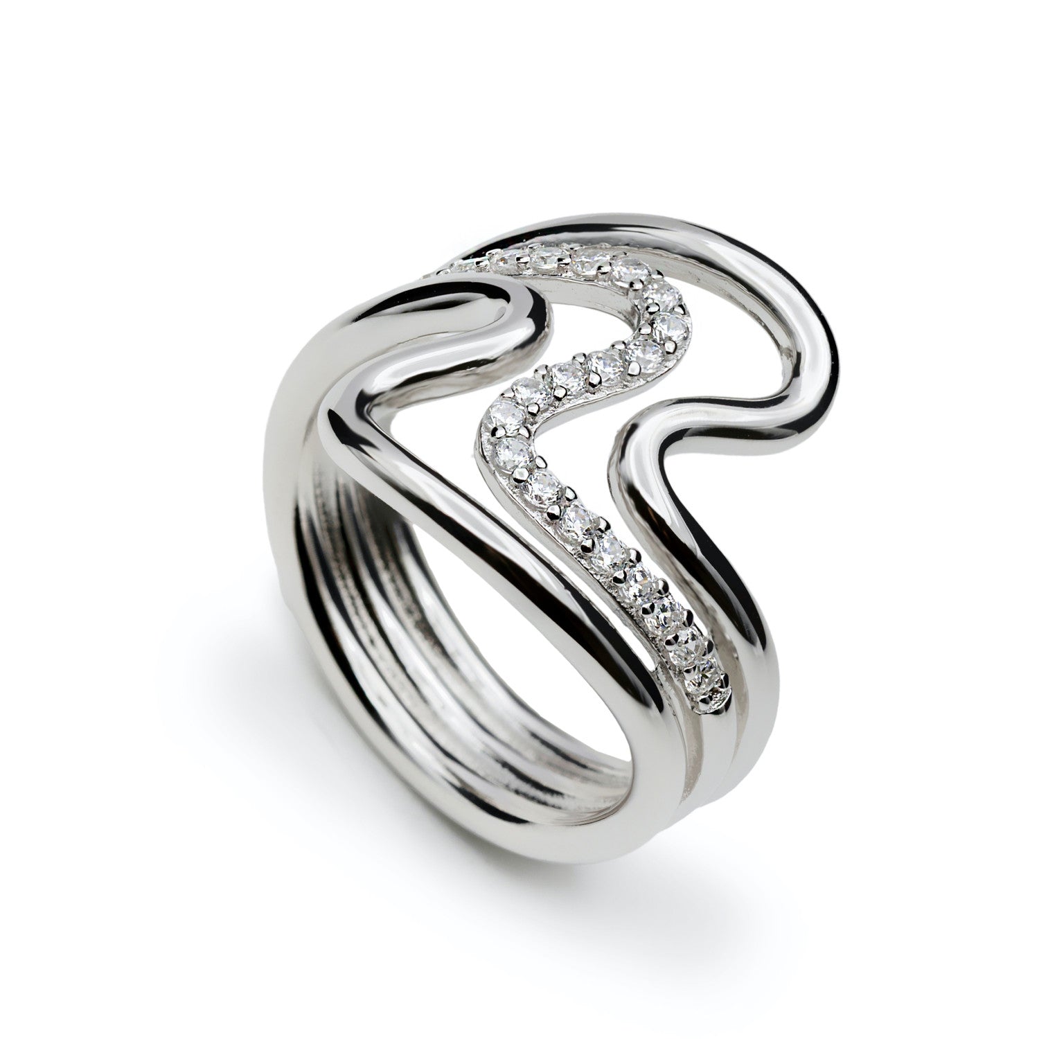 bague de argent avec zircons design vagues