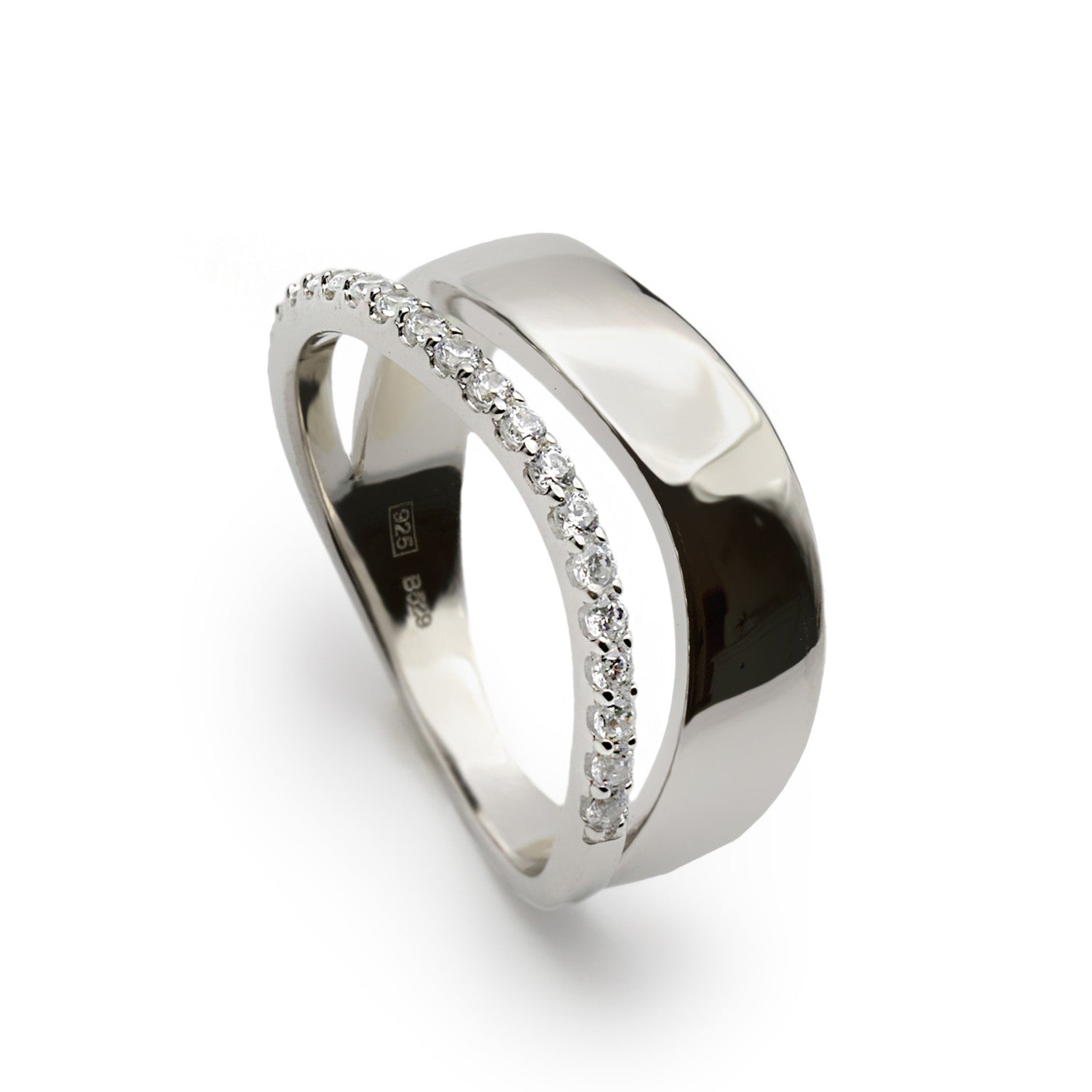 Anillo ancho de plata con parte ancha de plata y tira de circonitas