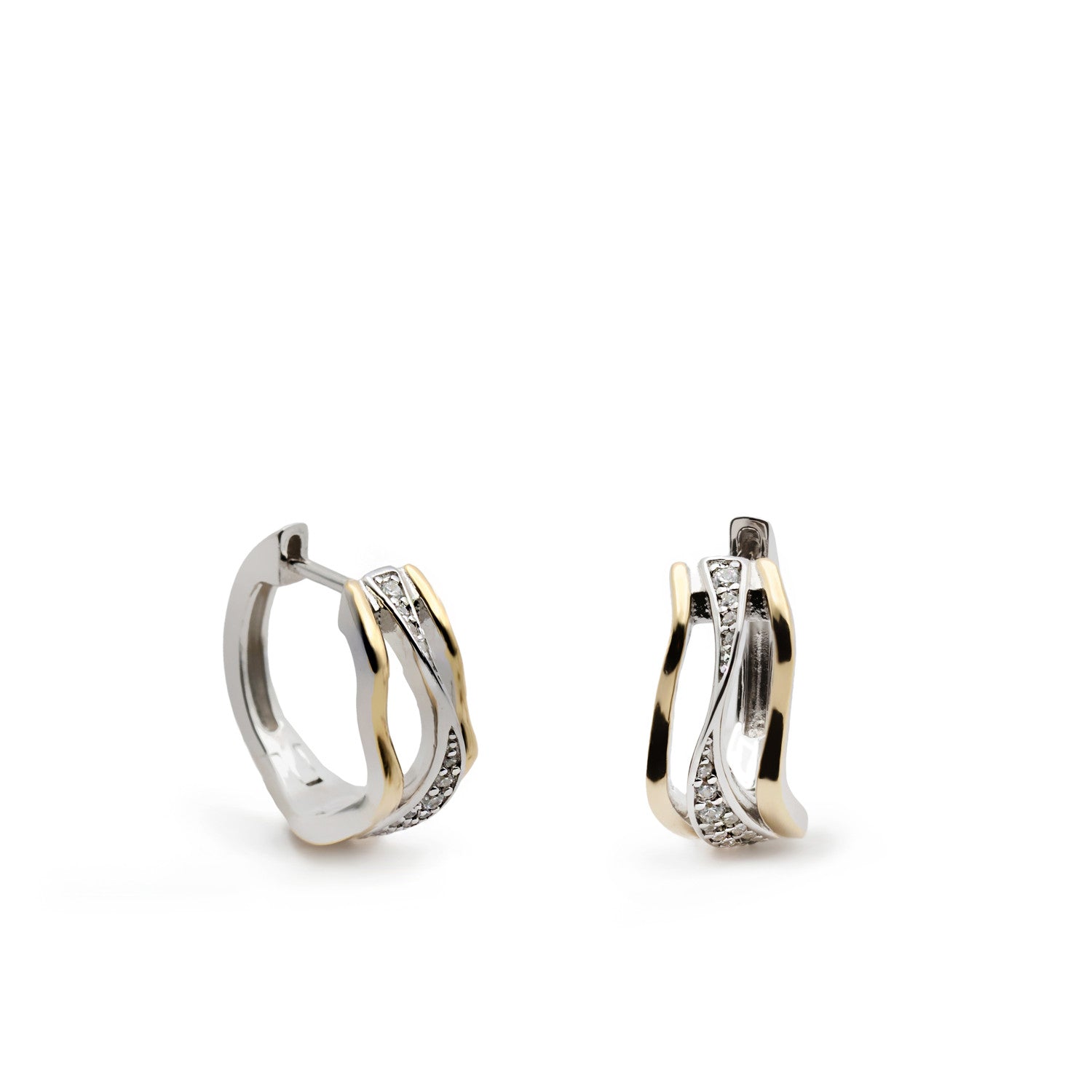 Boucles d'oreilles créole bicolore argent avec zircons design croisé