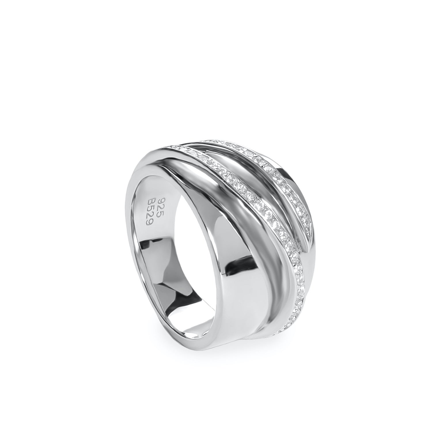 Anillo de plata ancho con circonitas envolventes
