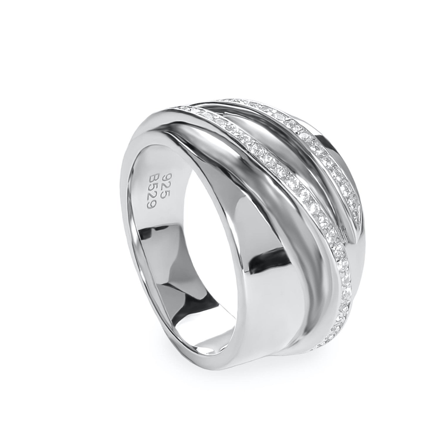 Anillo de plata ancho con circonitas envolventes