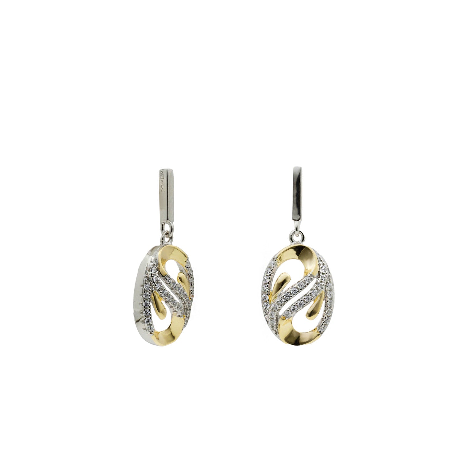 Boucles d'oreilles petits pendentifs de argent bicolore rose avec zircons