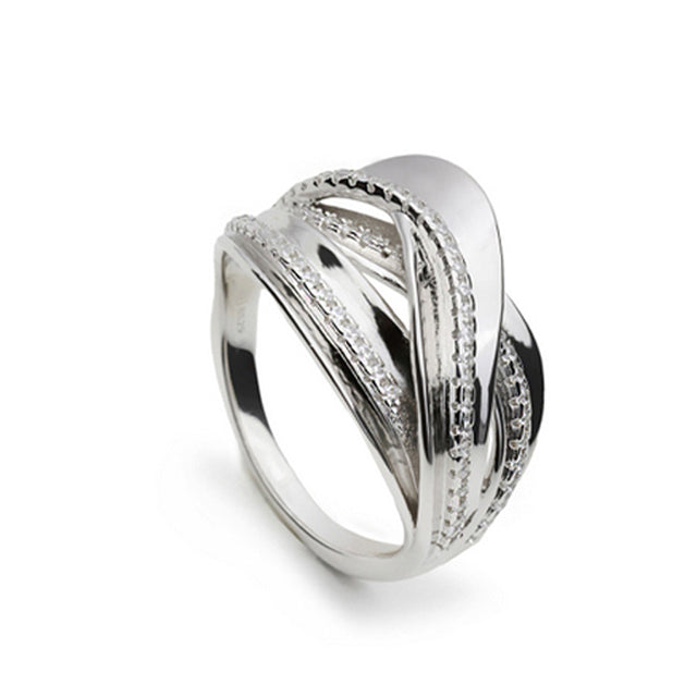 Silver ring with cubic zirconia, lines inspired by nature