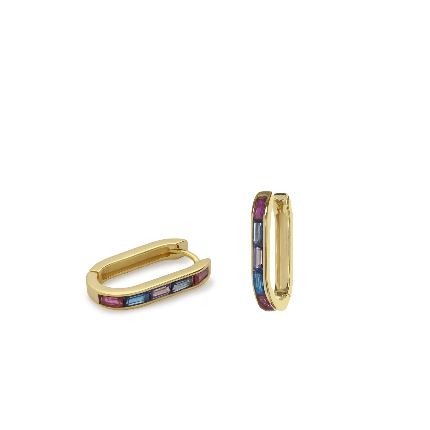 Boucles d'oreilles créoles en argent, de forme rectangulaire, ornées de pierres multicolores