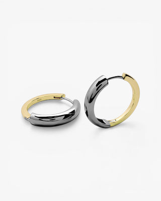 Boucles d'oreilles créoles bicolores, de diamètre moyen, couleur argentée sur le devant