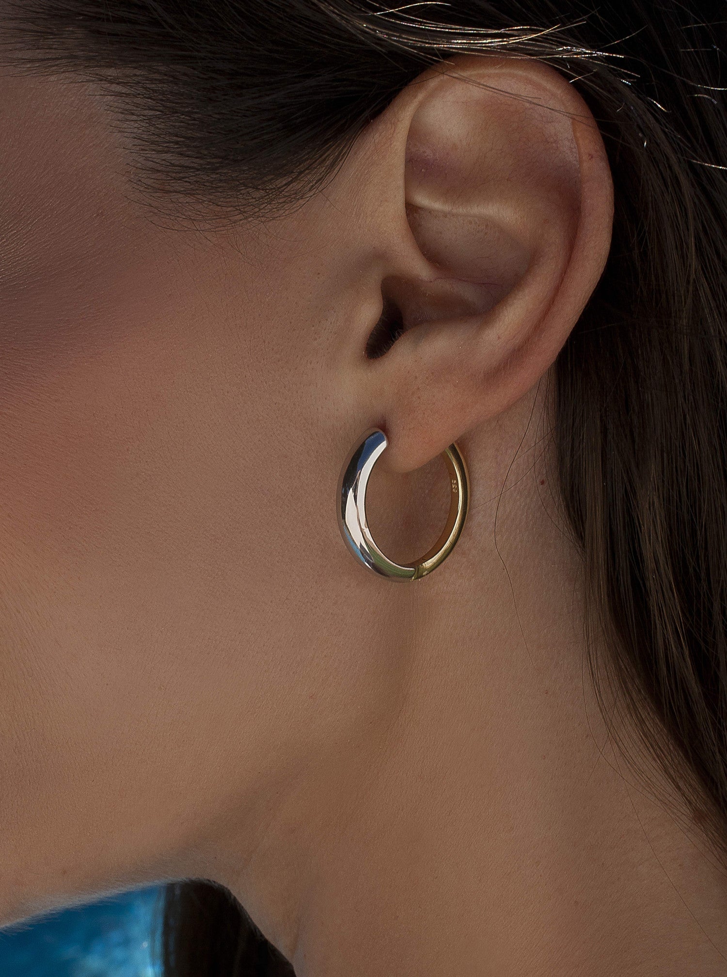 Two-tone hoop earrings, medium diameter, with silver color on the front