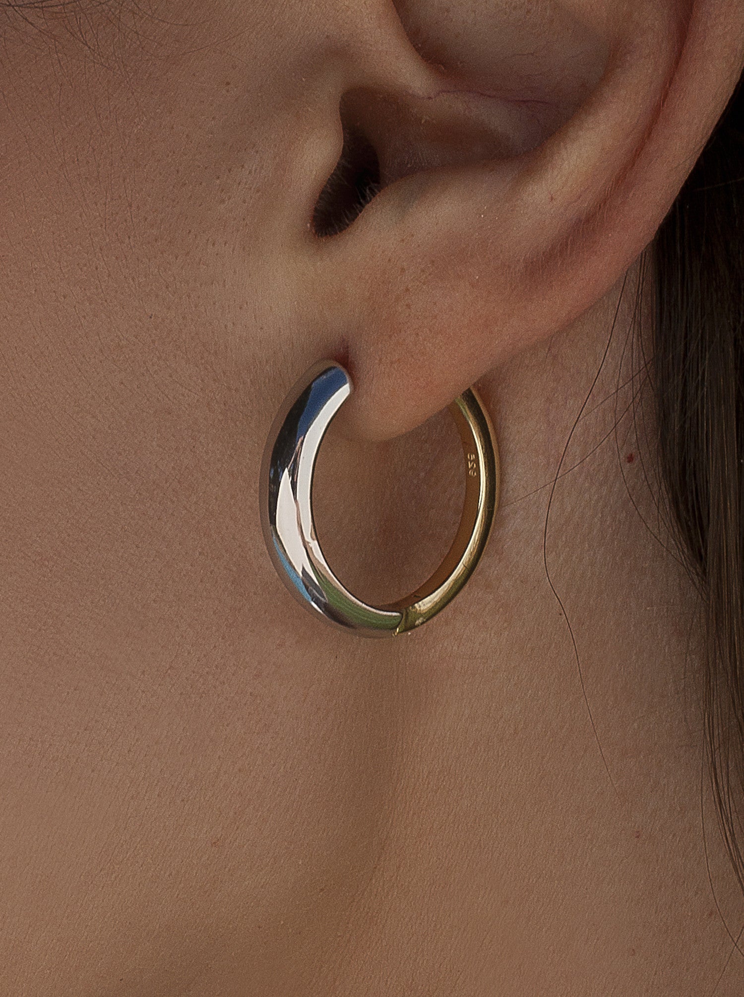 Two-tone hoop earrings, medium diameter, with silver color on the front
