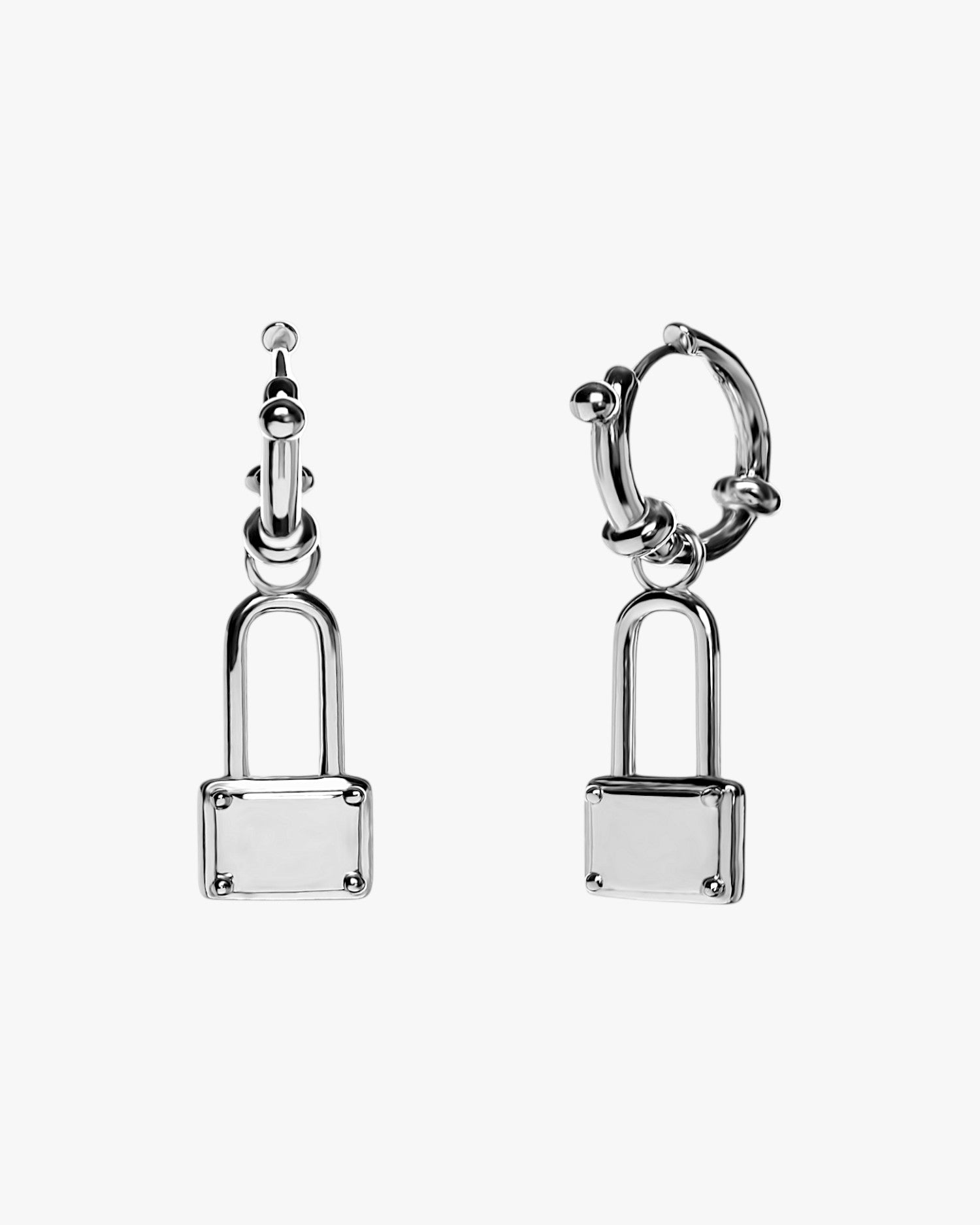 Silver dangling hoop earrings with padlock design