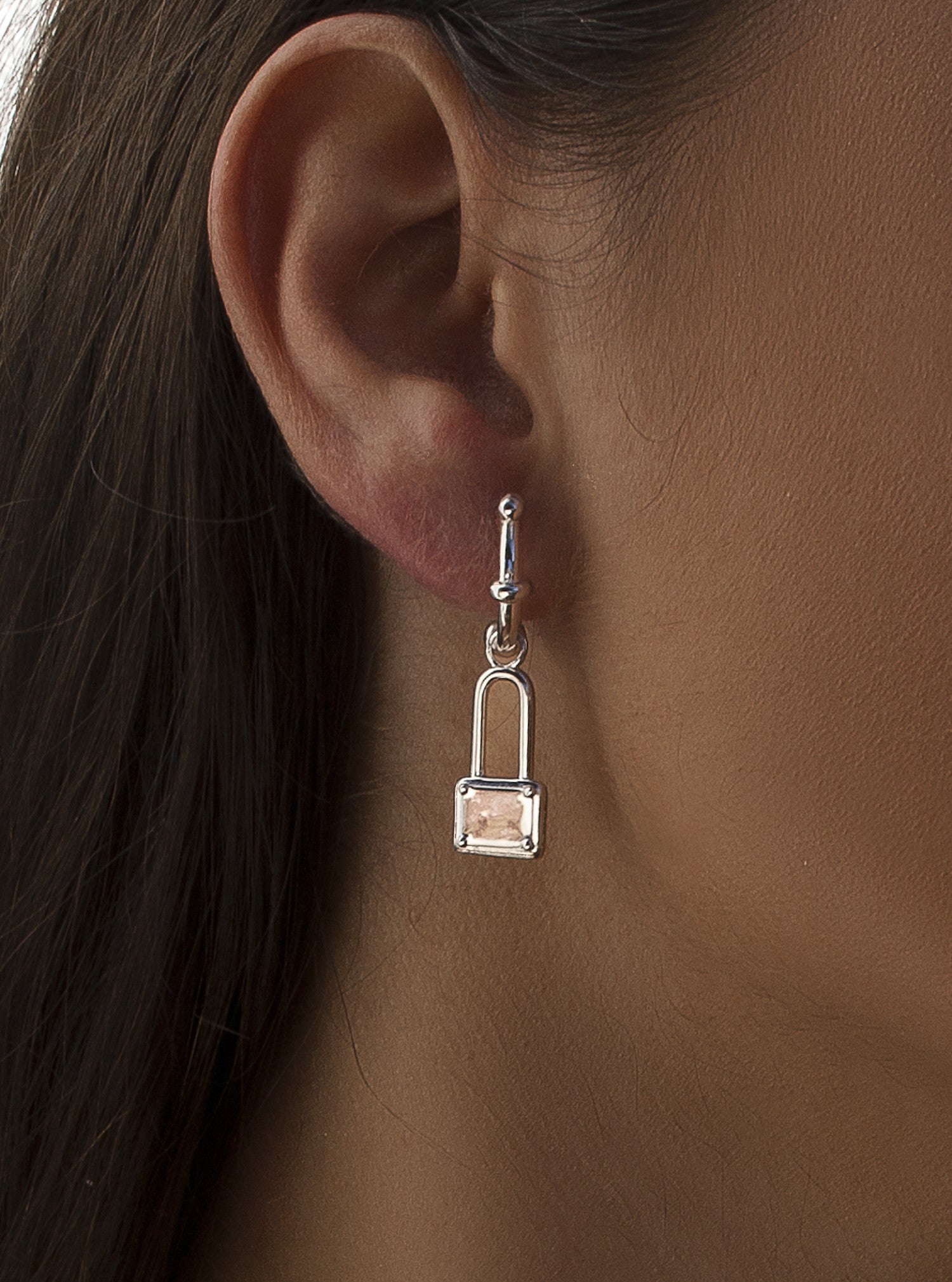 Silver dangling hoop earrings with padlock design